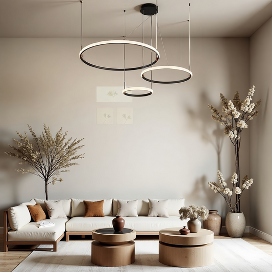 Stylish crystal chandelier with a black three-ring design
